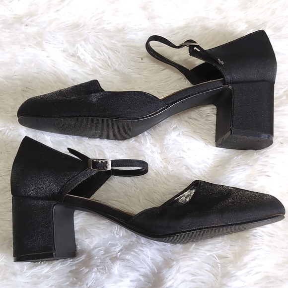 Y2K Merona Metallic Black Chunky Ankle Strap Block Heels Size 10 - Picture 3 of 9